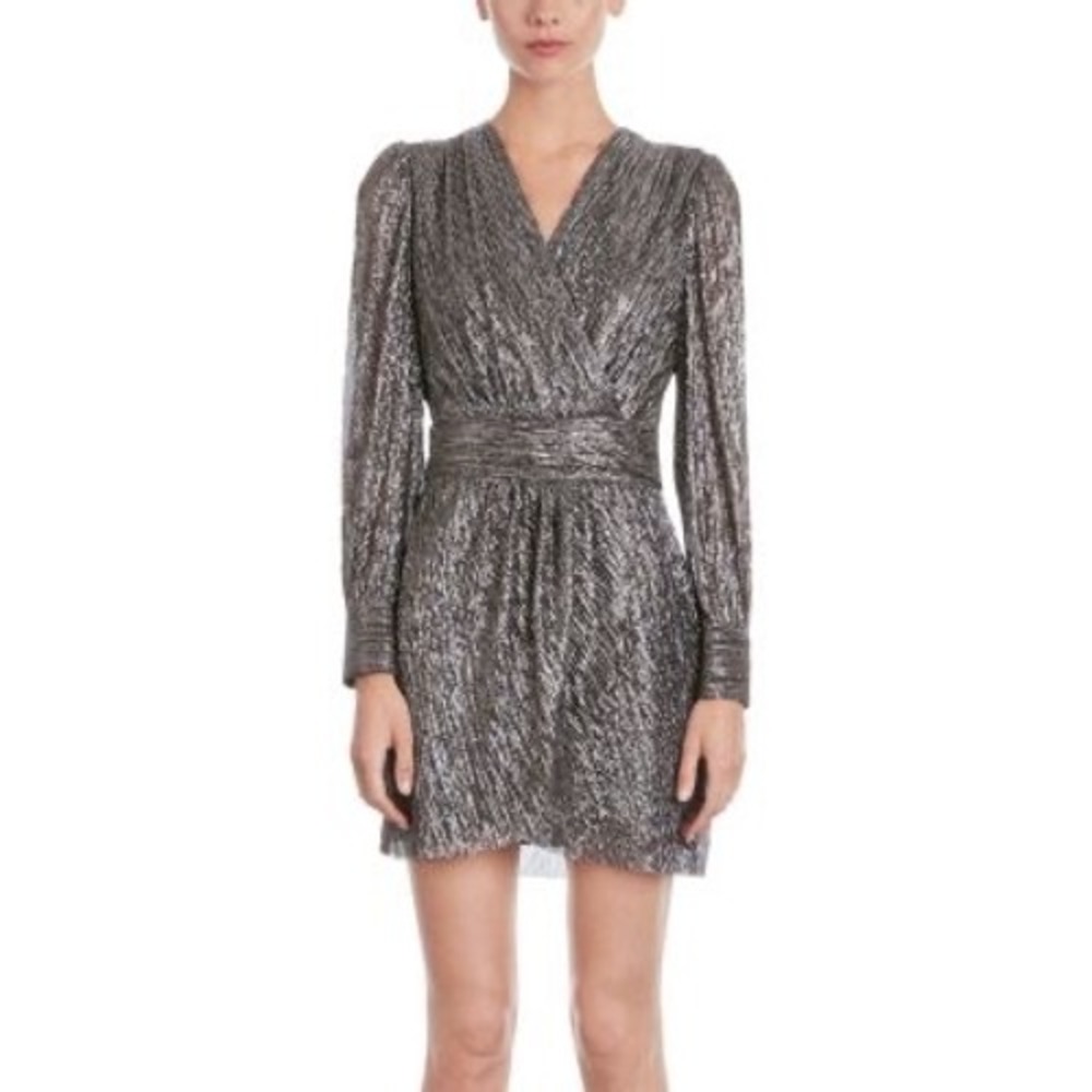 The Kooples Metallic Pleated Wrap Lurex Mini Dress Shimmer Black/Gold Sz FR1/US4
